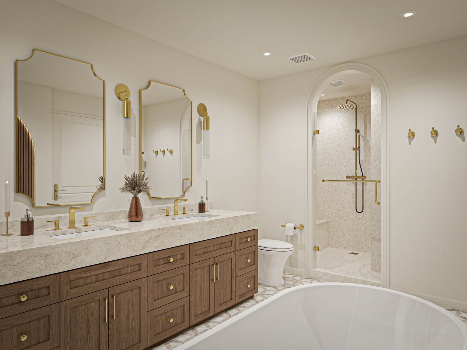 Meloso bathroom visualization with timber vanity, brass fixtures and arched shower