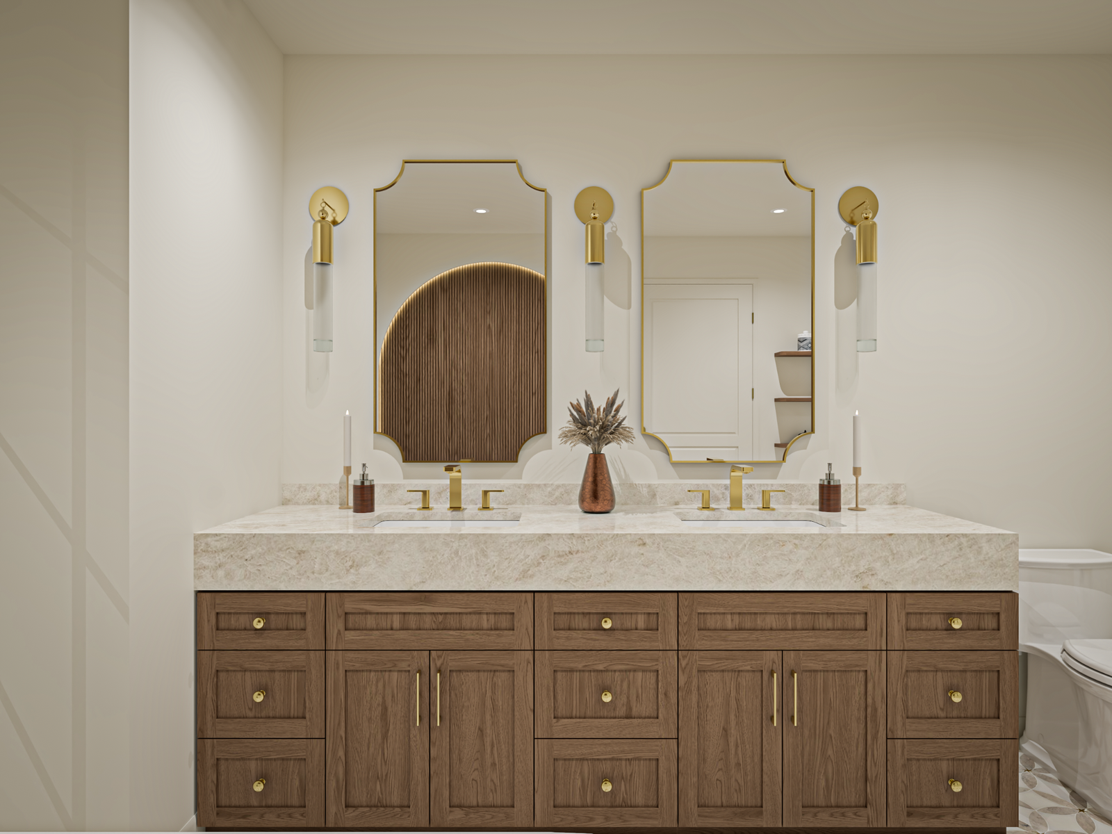Meloso double vanity rendering with stone countertop and brass framed mirrors
