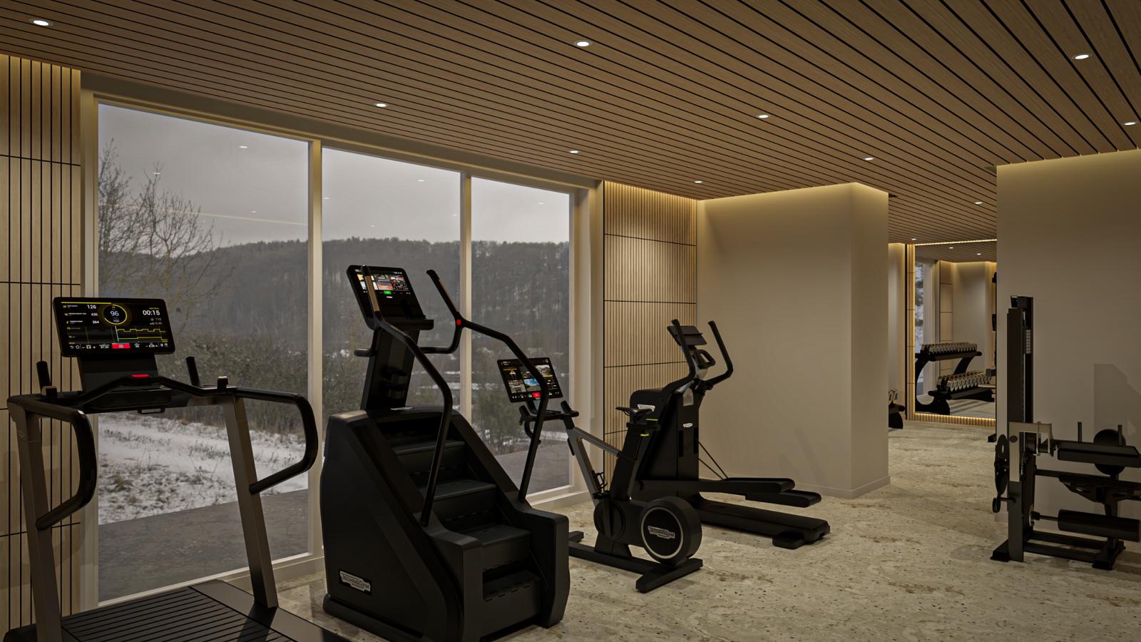 Meloso gym visualization with cardio equipment and timber ceiling